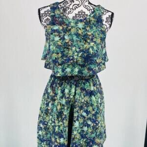 Princess Vera Wang Green Floral Ruffled Mini Dress w/ Mesh Midsection. Sz 0